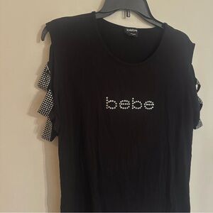 Bebe Women XL Black Swarovski Crystal Rhinestone Logo Open Sleeve Blouse Stretch